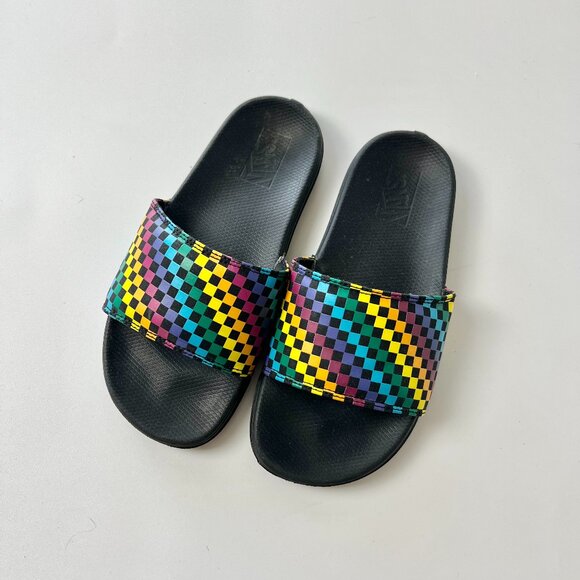 Girls Kids size 4 Rainbow Checkerboard Vans Slides Sandals - Picture 1 of 5